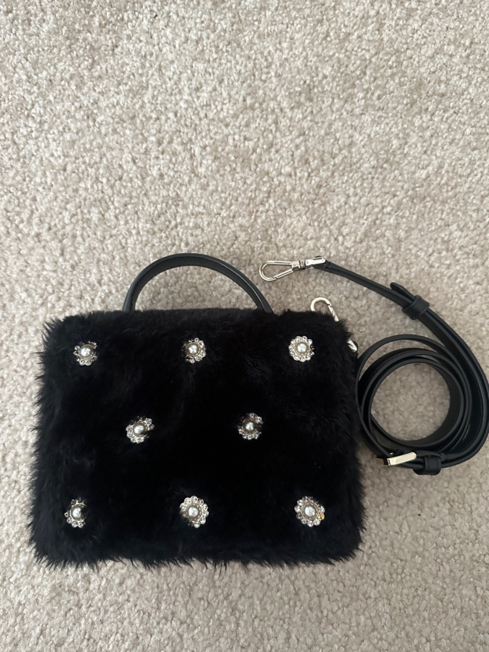 Kate Spade Black Faux Fur Jeweled Top-Handle Crossbody Bag